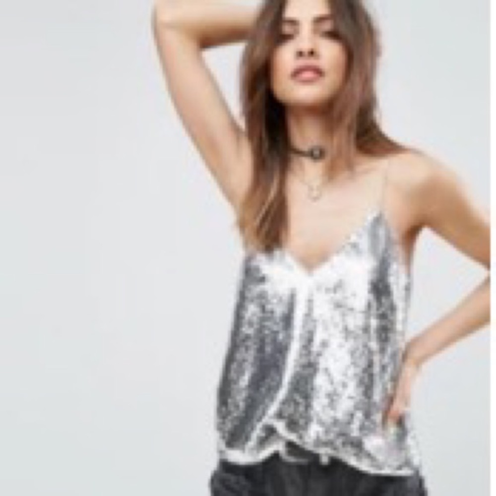 ASOS curve US 14 plus size silver sequin camisole cami singlet cropped v neck